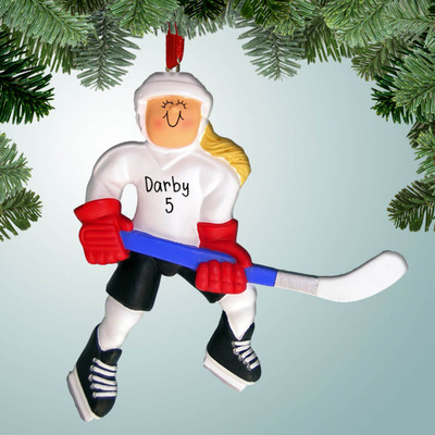 Christmas Ornament of Hockey Player with Red Gloves - F Blonde Christmas Ornament of Hockey Player with Red Gloves - F Blonde