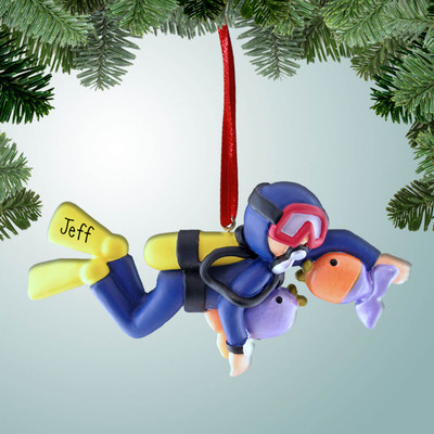 Christmas Ornament of Blue SCUBA Diver with Fish