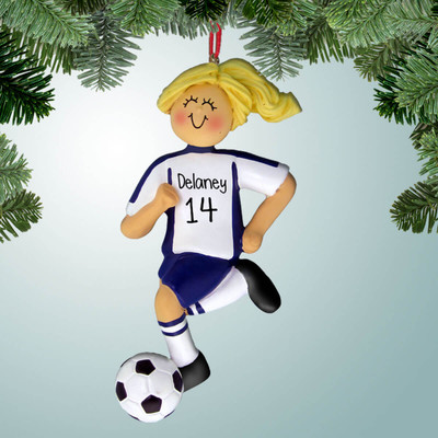 Christmas Ornament of Blue Uniform - Female Dribbler Blonde Hair Christmas Ornament of Blue Uniform - Female Dribbler Blonde Hair