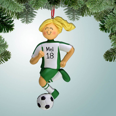 Christmas Ornament of Green Uniform - Female Dribbler Blonde Hair Christmas Ornament of Green Uniform - Female Dribbler Blonde Hair