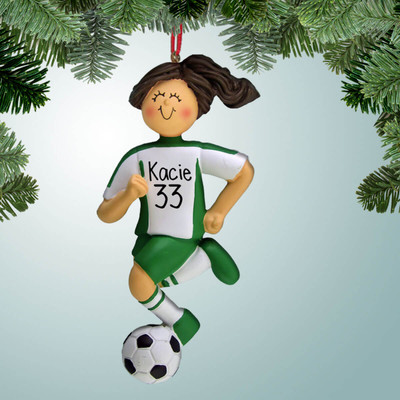 Christmas Ornament of Green Uniform - Female Dribbler Brown Hair Christmas Ornament of Green Uniform - Female Dribbler Brown Hair