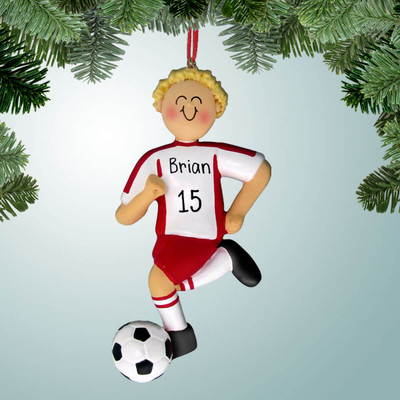 Christmas Ornament of Red Uniform - Male Dribbler Blonde Hair Christmas Ornament of Red Uniform - Male Dribbler Blonde Hair