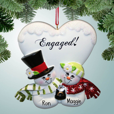 Christmas Ornament of Engaged Snow Couple with Big Heart Christmas Ornament of Engaged Snow Couple with Big Heart