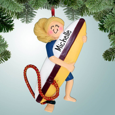 Christmas Ornament of Surfer Female Carrying Board - Blonde Hair