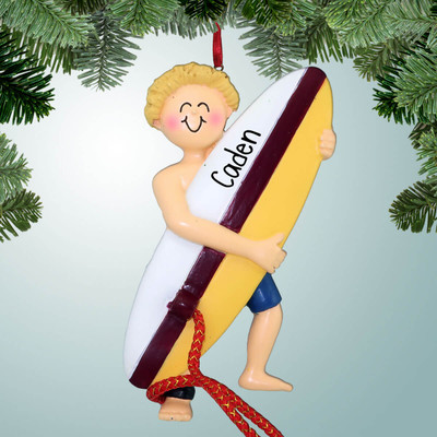 Christmas Ornament of Surfer Male Carrying Board - Blonde Hair