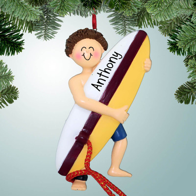 Christmas Ornament of Surfer Male Carrying Board - Brown Hair