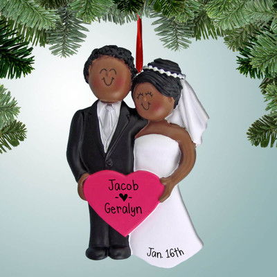 Christmas Ornament of Wedding Couple Pink Heart - African American Christmas Ornament of Wedding Couple Pink Heart - African American