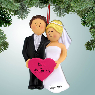 Christmas Ornament of Wedding Couple Pink Heart - M Brown, F Blonde Christmas Ornament of Wedding Couple Pink Heart - M Brown, F Blonde