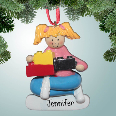 Christmas Ornament of Girl Playing with Legos - Blonde Hair Christmas Ornament of Girl Playing with Legos - Blonde Hair