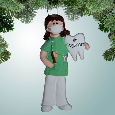 Christmas Ornament of Female Dentist with Large Tooth - Brown Hair Christmas Ornament of Female Dentist with Large Tooth - Brown Hair