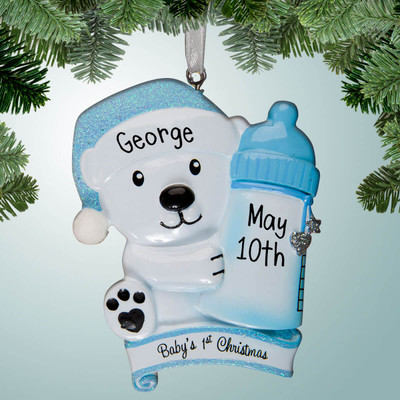 Christmas Ornament of Baby Boy Polar Bear with Big Bottle 1st