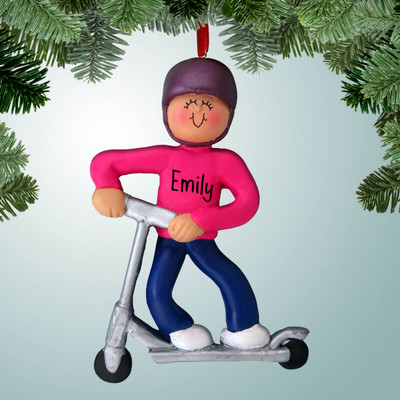 Christmas Ornament of Girl on Silver Scooter