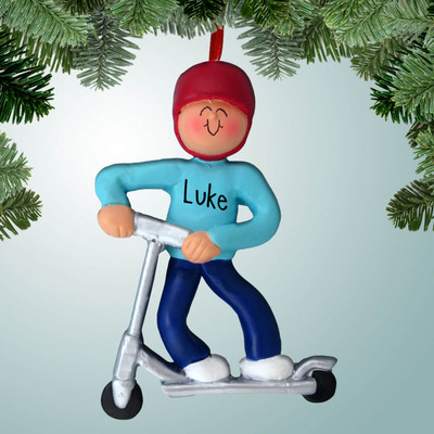 Christmas Ornament of Boy on Silver Scooter