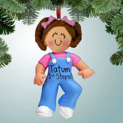 Personalized Baby Girl's First Steps - Brown Hair 1st Christmas Ornament Personalized Baby Girl's First Steps - Brown Hair 1st Christmas Ornament