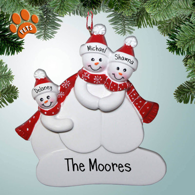 Personalized Snowman Family with Optional Pets - 3 Christmas Ornament Personalized Snowman Family with Optional Pets - 3 Christmas Ornament