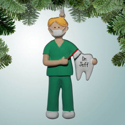 Christmas Ornament of Male Dentist with Green Scrubs - Blonde Hair Christmas Ornament of Male Dentist with Green Scrubs - Blonde Hair