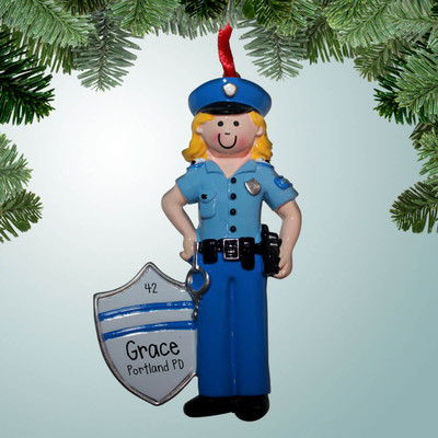 Christmas Ornament of Policewoman Shield with Stripes - Blonde Hair