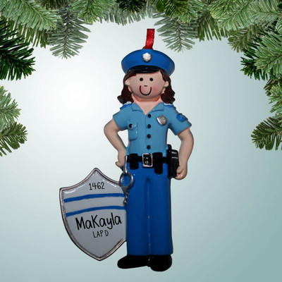 Christmas Ornament of Policewoman Shield with Stripes - Brown Hair Christmas Ornament of Policewoman Shield with Stripes - Brown Hair