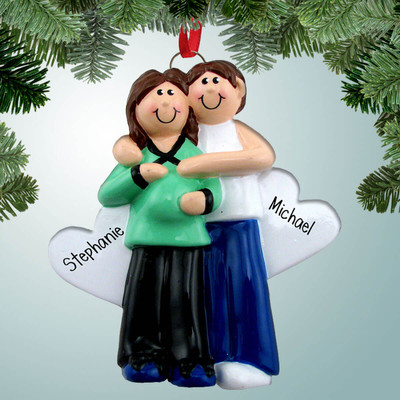 Christmas Ornament of Pregnant Couple with Two Hearts - Brown Hair F Christmas Ornament of Pregnant Couple with Two Hearts - Brown Hair F