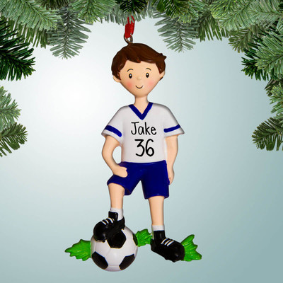 Christmas Ornament of Soccer Boy Posing with Ball Christmas Ornament of Soccer Boy Posing with Ball