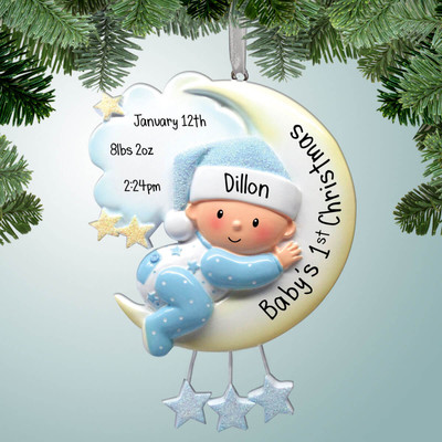 image of Baby Boy Hugging Moon ornament image of Baby Boy Hugging Moon ornament
