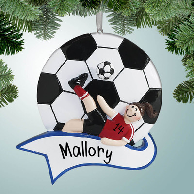 Christmas Ornament of Soccer Girl with Banner - Brown Hair Christmas Ornament of Soccer Girl with Banner - Brown Hair