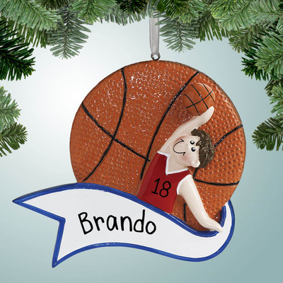 Christmas Ornament of Basketball Boy with Large Banner - Brown Christmas Ornament of Basketball Boy with Large Banner - Brown