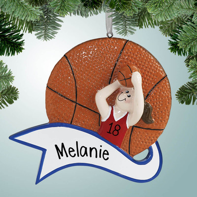 Christmas Ornament of Basketball Girl with Large Banner - Brown Christmas Ornament of Basketball Girl with Large Banner - Brown
