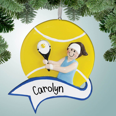 Christmas Ornament of Tennis Female with Large Banner - Brown Christmas Ornament of Tennis Female with Large Banner - Brown