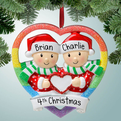 image of Same Sex couple with Rainbow Heart ornament