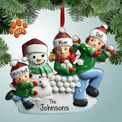 image of Snowfight Family with Snowman - 3 ornament