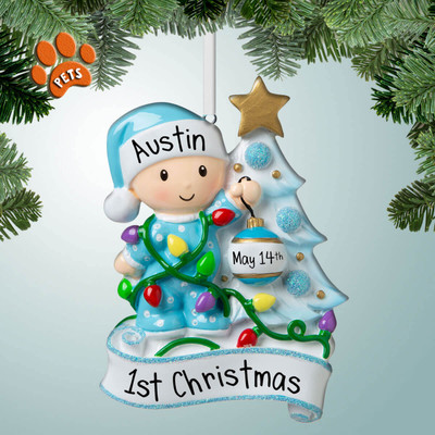 Personalized Baby Boy Decorating Tree 1st Christmas Ornament Personalized Baby Boy Decorating Tree 1st Christmas Ornament