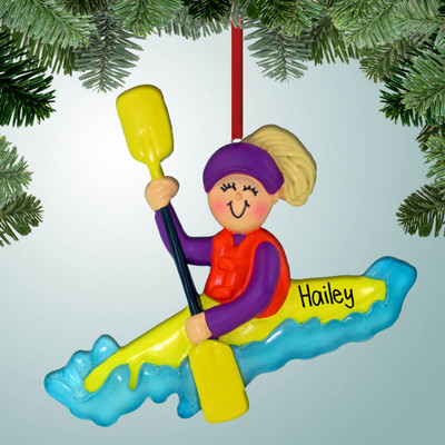 Christmas Ornament of Yellow Kayak - Female Blonde