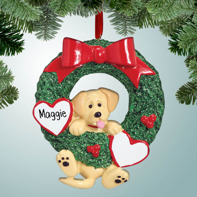 Christmas Ornament of Yellow Lab Hanging from Wreath Christmas Ornament of Yellow Lab Hanging from Wreath