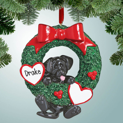Christmas Ornament of Black Lab Hanging from Wreath Christmas Ornament of Black Lab Hanging from Wreath