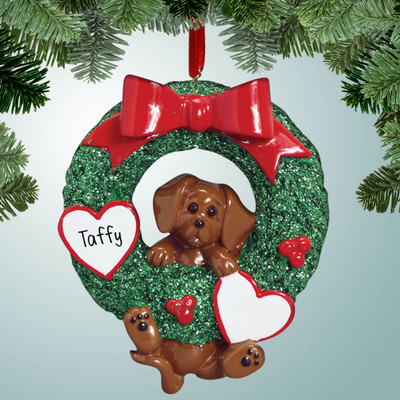 Christmas Ornament of Brown Dog Hanging from Wreath Christmas Ornament of Brown Dog Hanging from Wreath
