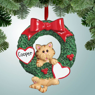 Christmas Ornament of Tan Tabby Hanging from Wreath Christmas Ornament of Tan Tabby Hanging from Wreath