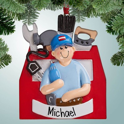 Christmas Ornament of Handyman Construction Worker with Tools Banner Christmas Ornament of Handyman Construction Worker with Tools Banner