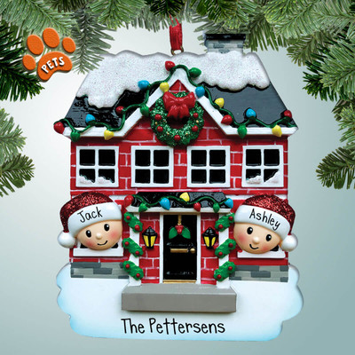 image of couple in red brick house in winter setting ornament - 2 image of couple in red brick house in winter setting ornament - 2