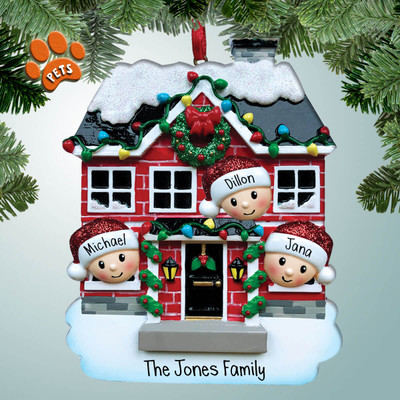 image of red brick house family in winter setting ornament - 3 image of red brick house family in winter setting ornament - 3