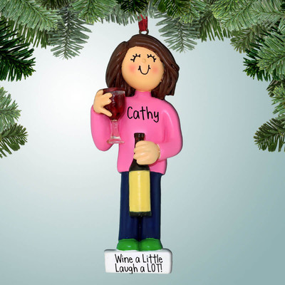Personalized Wine Lover with Bottle - Brown Hair Christmas Ornament