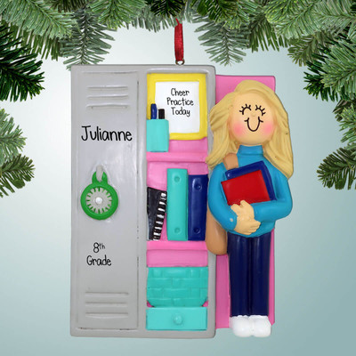 image of Open School Locker Girl - Blonde Hair Personalized Christmas Ornament image of Open School Locker Girl - Blonde Hair Personalized Christmas Ornament