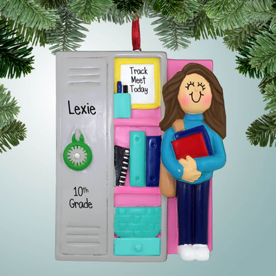 image of Open School Locker Girl - Brown Hair Personalized Christmas Ornament image of Open School Locker Girl - Brown Hair Personalized Christmas Ornament