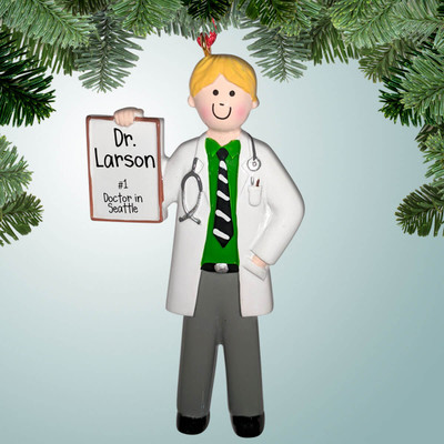 Christmas Ornament of Doctor with Green Shirt Male - Blonde Hair Christmas Ornament of Doctor with Green Shirt Male - Blonde Hair