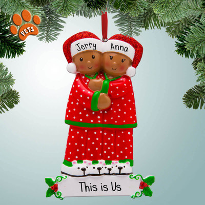 Personalized Christmas Couple in Red Pajamas - African American Christmas Ornament Personalized Christmas Couple in Red Pajamas - African American Christmas Ornament