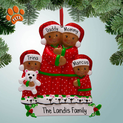 Personalized Christmas Family in Red Pajamas African American - 4 Christmas Ornament Personalized Christmas Family in Red Pajamas African American - 4 Christmas Ornament