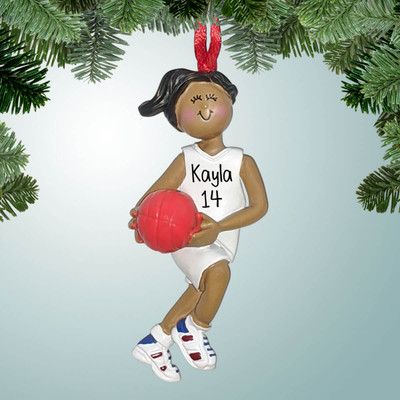 Christmas Ornament of Basketball Female with White Uniform - Dark Skin