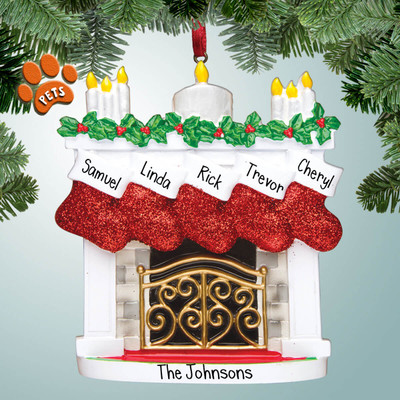 image of Fireplace with Red Socks and Candles - 5 Personalized Christmas Ornament image of Fireplace with Red Socks and Candles - 5 Personalized Christmas Ornament