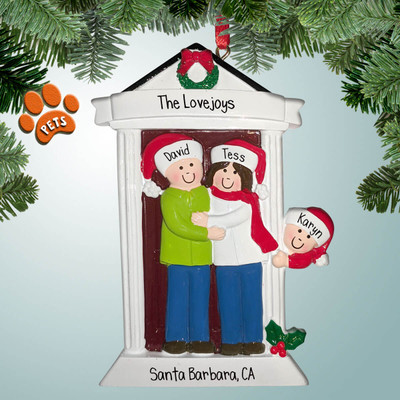 image of family of 3 at door with Santa Hats on and optional Pets image of family of 3 at door with Santa Hats on and optional Pets