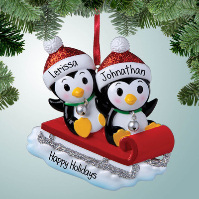 image of Penguin Sledding Couple Personalized Christmas Ornament image of Penguin Sledding Couple Personalized Christmas Ornament